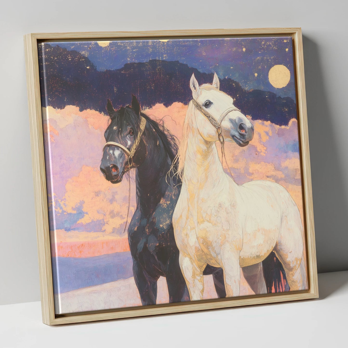 Midnight and Dawn horse landscape canvas wall art in natural frame