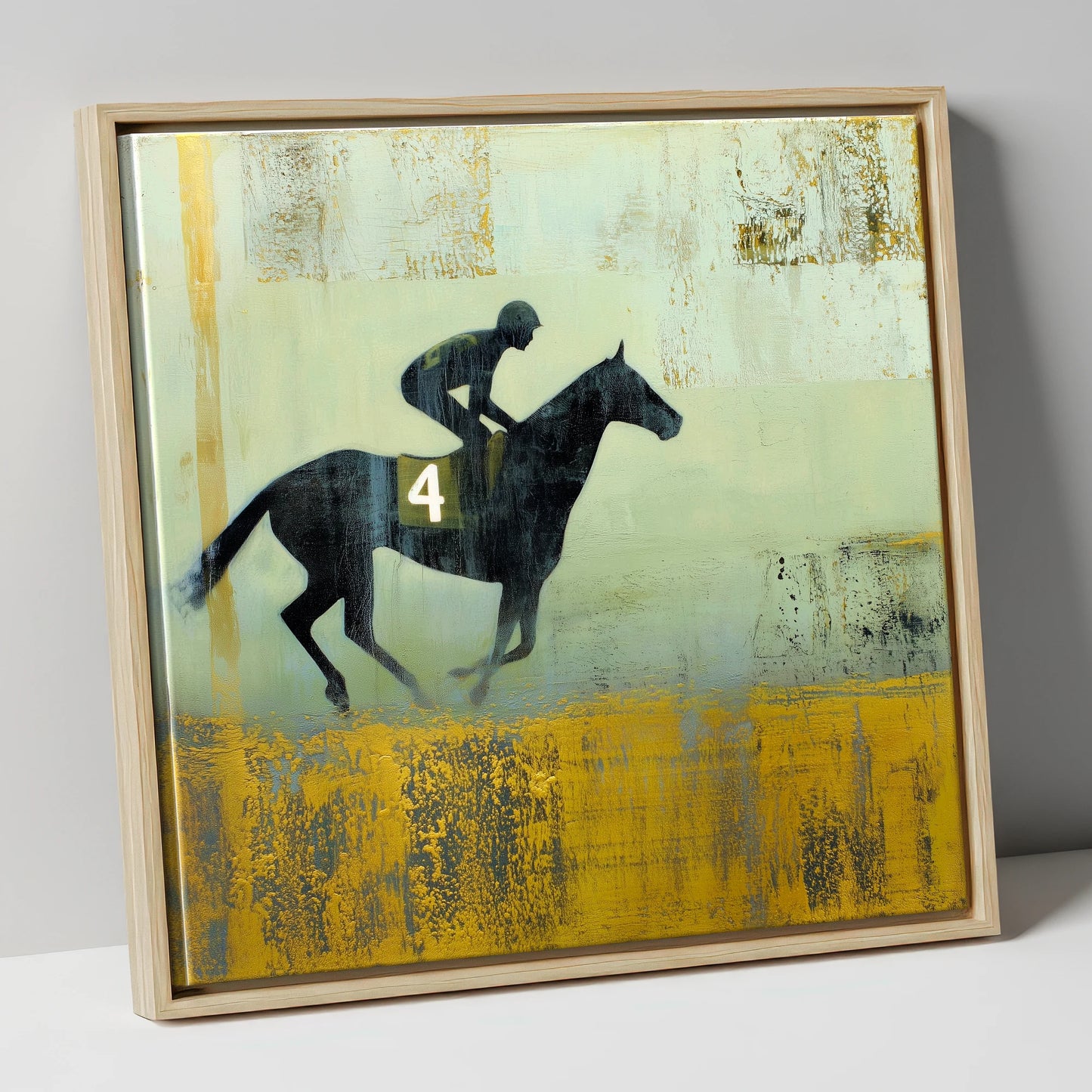 Gilded Number Four racing horse canvas wall art in natural frame