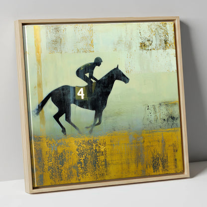 Gilded Number Four racing horse canvas wall art in natural frame