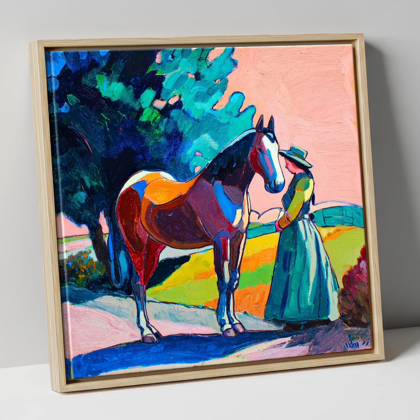 Painted Bond horse & rider canvas wall art in natural frame