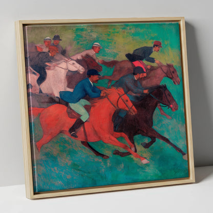 The Crimson Stride racing horse canvas wall art in natural frame