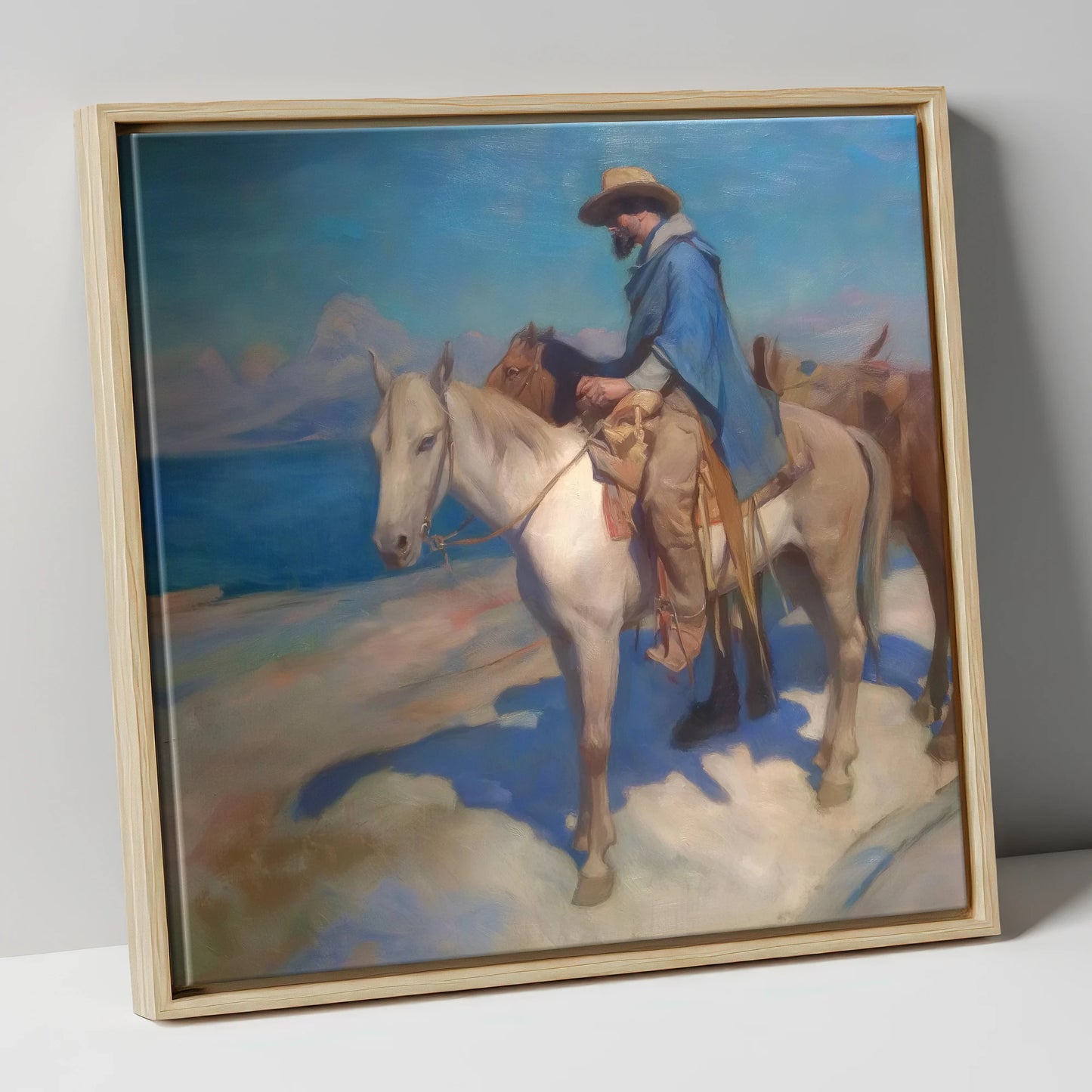 The Azure Trail western horse canvas wall art in natural frame