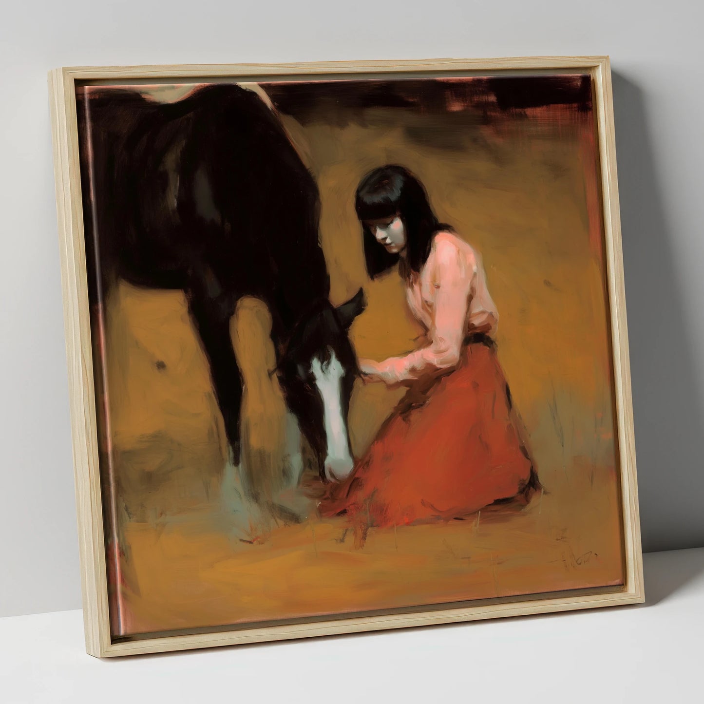 Quiet Communion horse & rider canvas wall art in natural frame