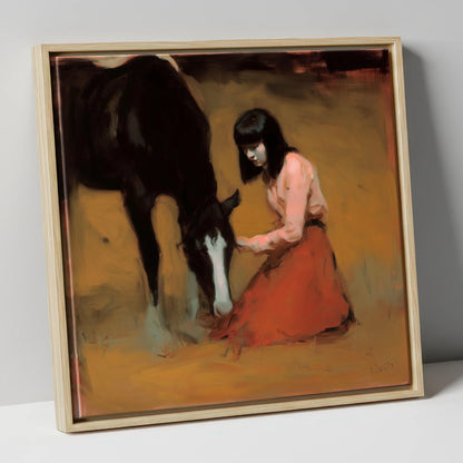 Quiet Communion horse & rider canvas wall art in natural frame