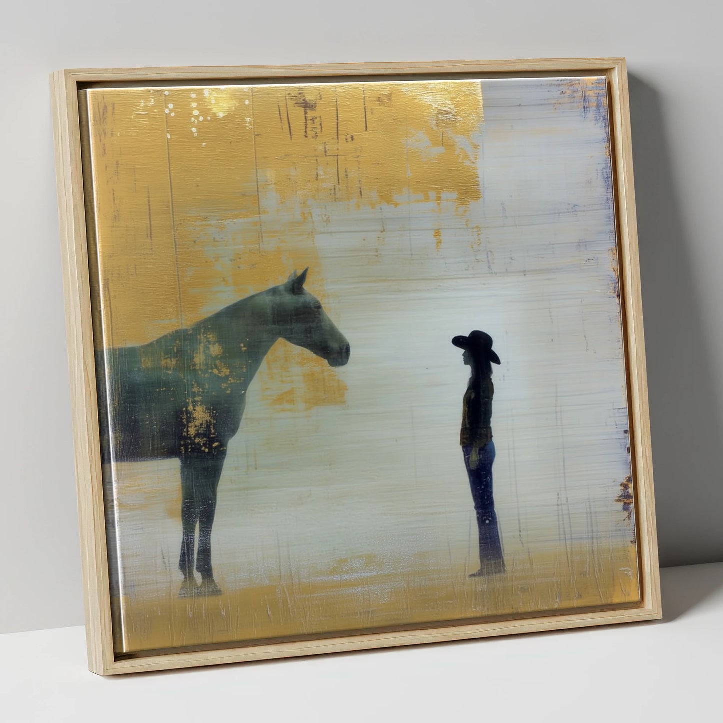 Golden Western Silhouette western horse canvas wall art in natural frame