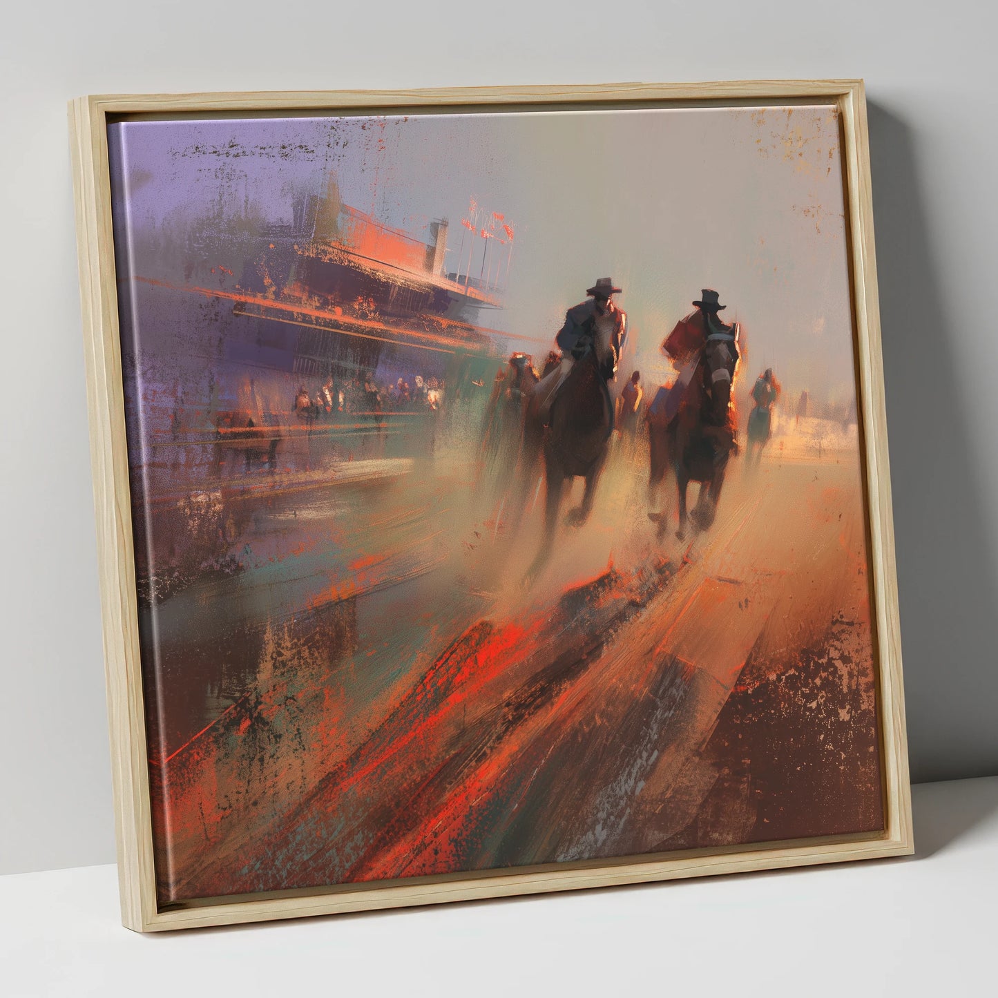 Thunder on the Track racing horse canvas wall art in natural frame