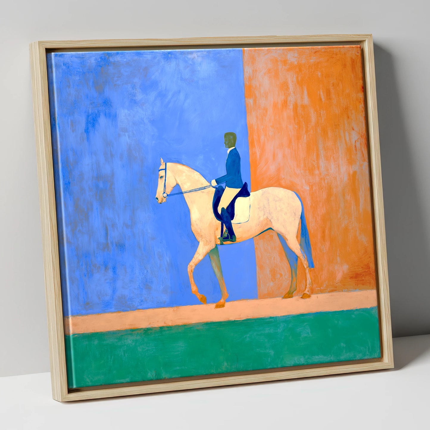 Contemporary Dressage Silhouette dressage horse canvas wall art in natural frame