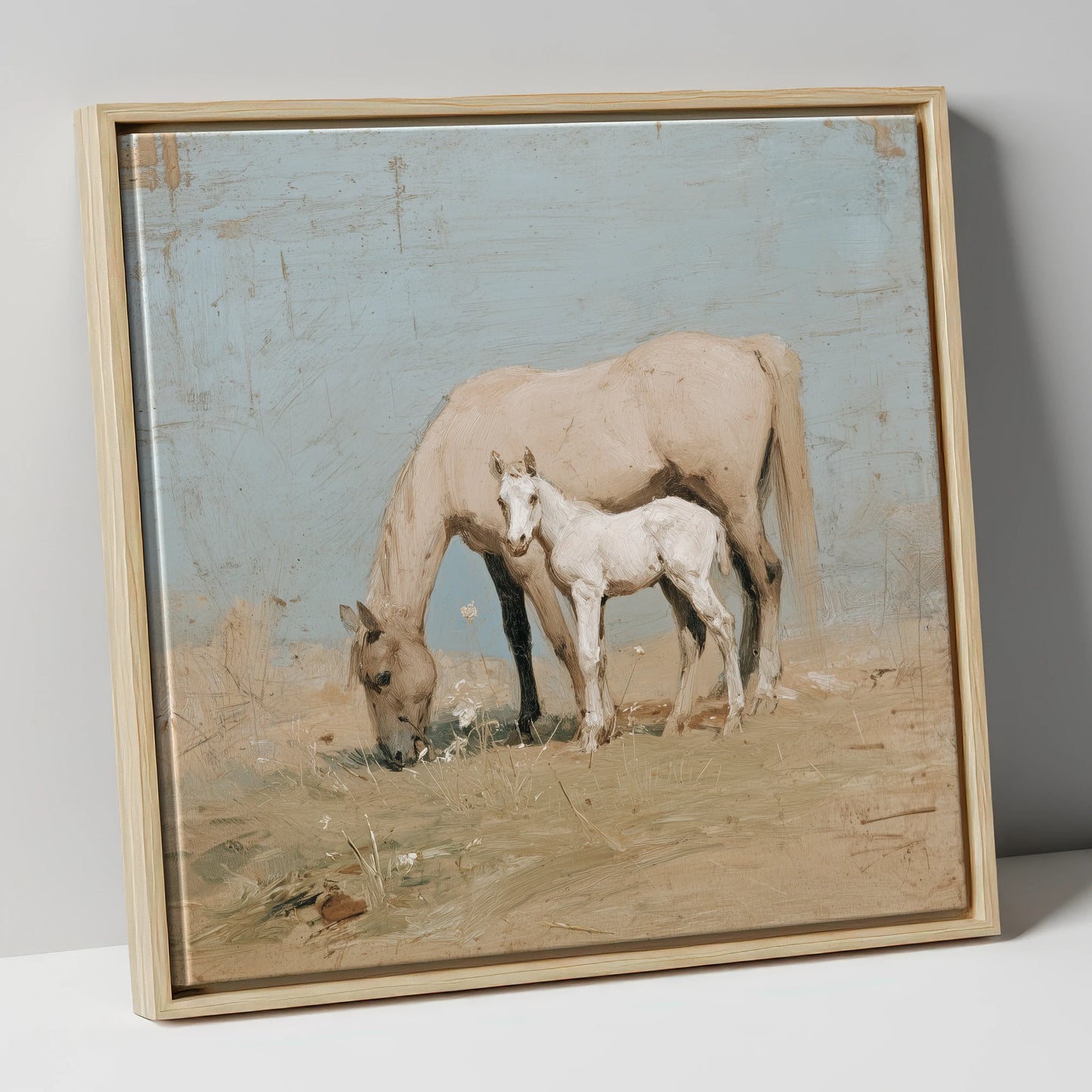 The Quiet Pasture mare & foal canvas wall art in natural frame