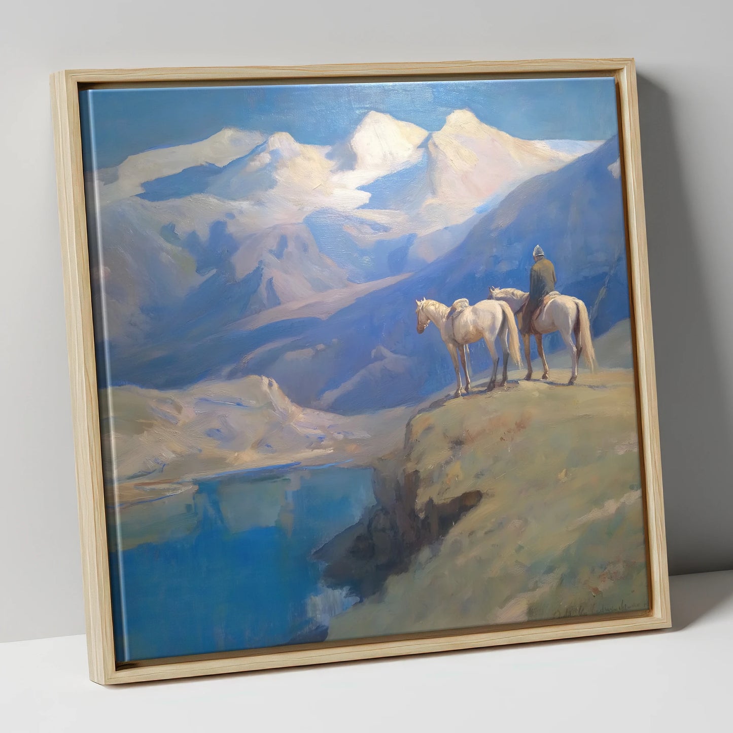 Alpine Vantage Point horse landscape canvas wall art in natural frame