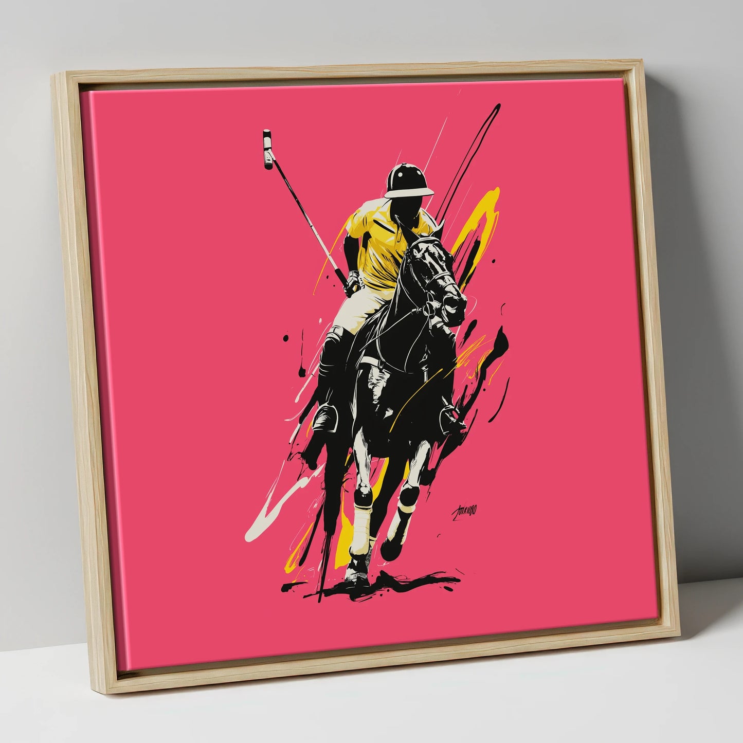 Velocity in Magenta polo horse canvas wall art in natural frame