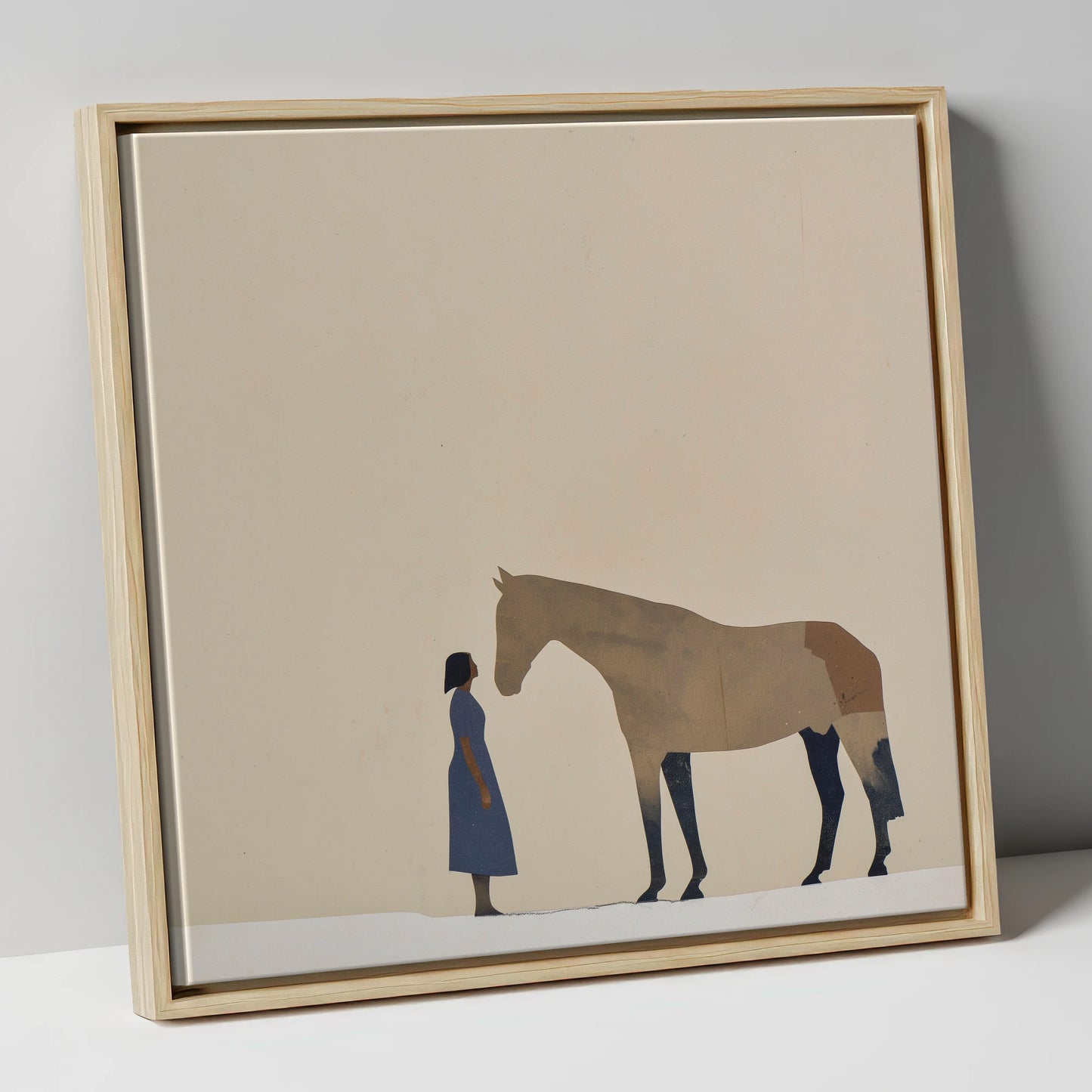 Silent Conversation horse & rider canvas wall art in natural frame