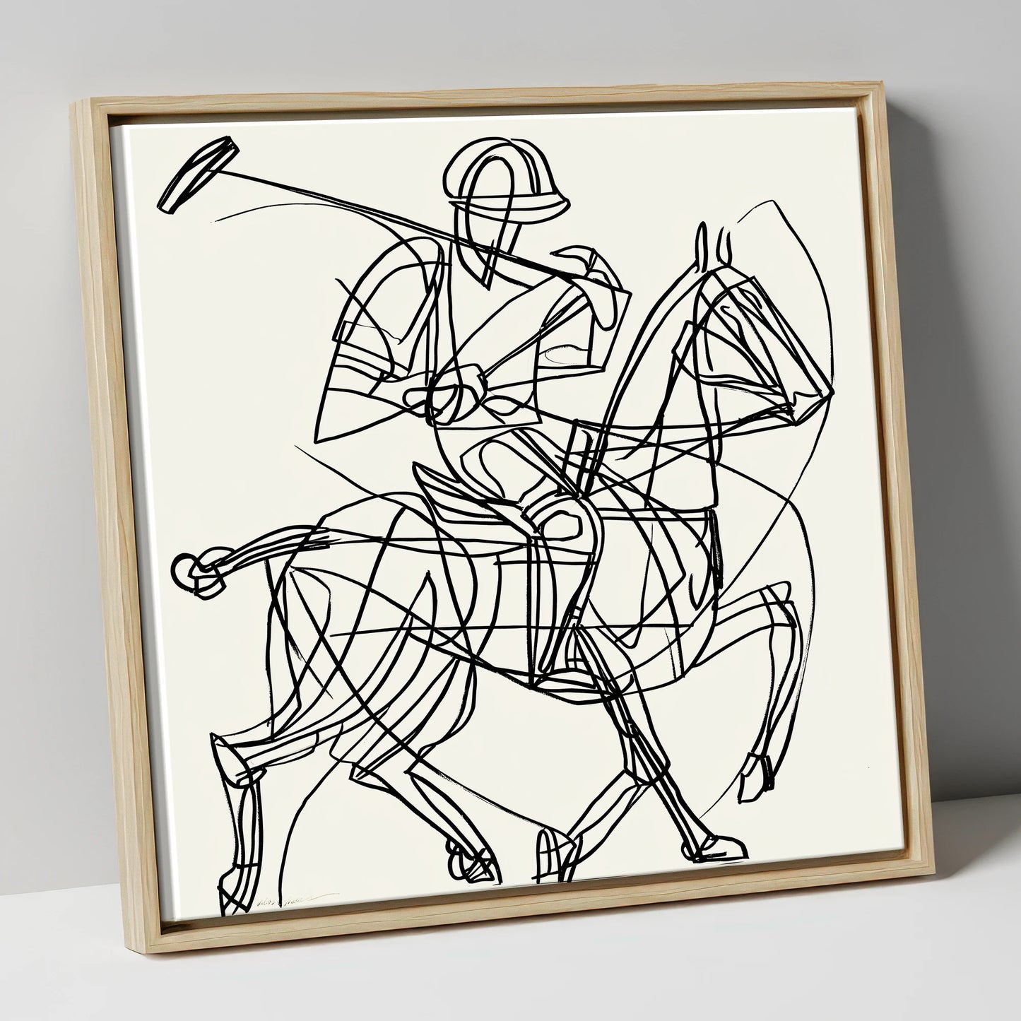 Linear Polo Strike polo horse canvas wall art in natural frame