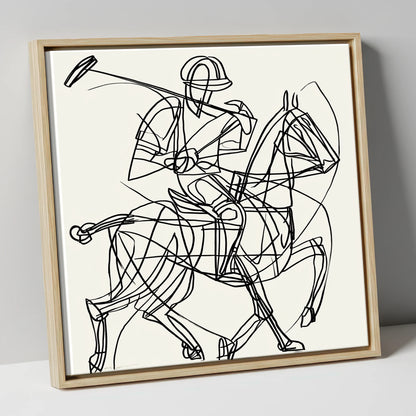 Linear Polo Strike polo horse canvas wall art in natural frame