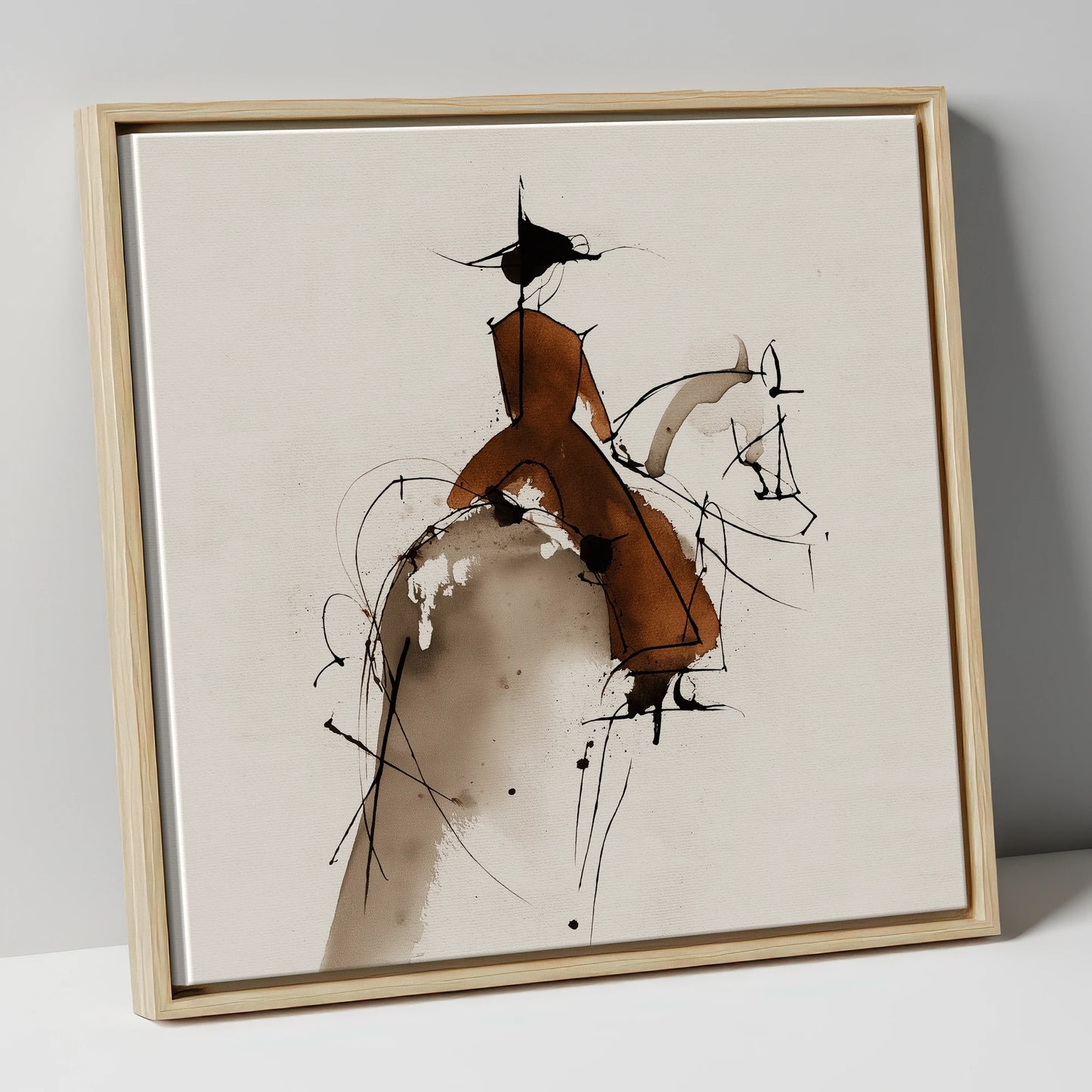 Classical Harmony horse & rider canvas wall art in natural frame