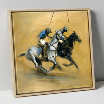 The Ride Off polo horse canvas wall art in natural frame