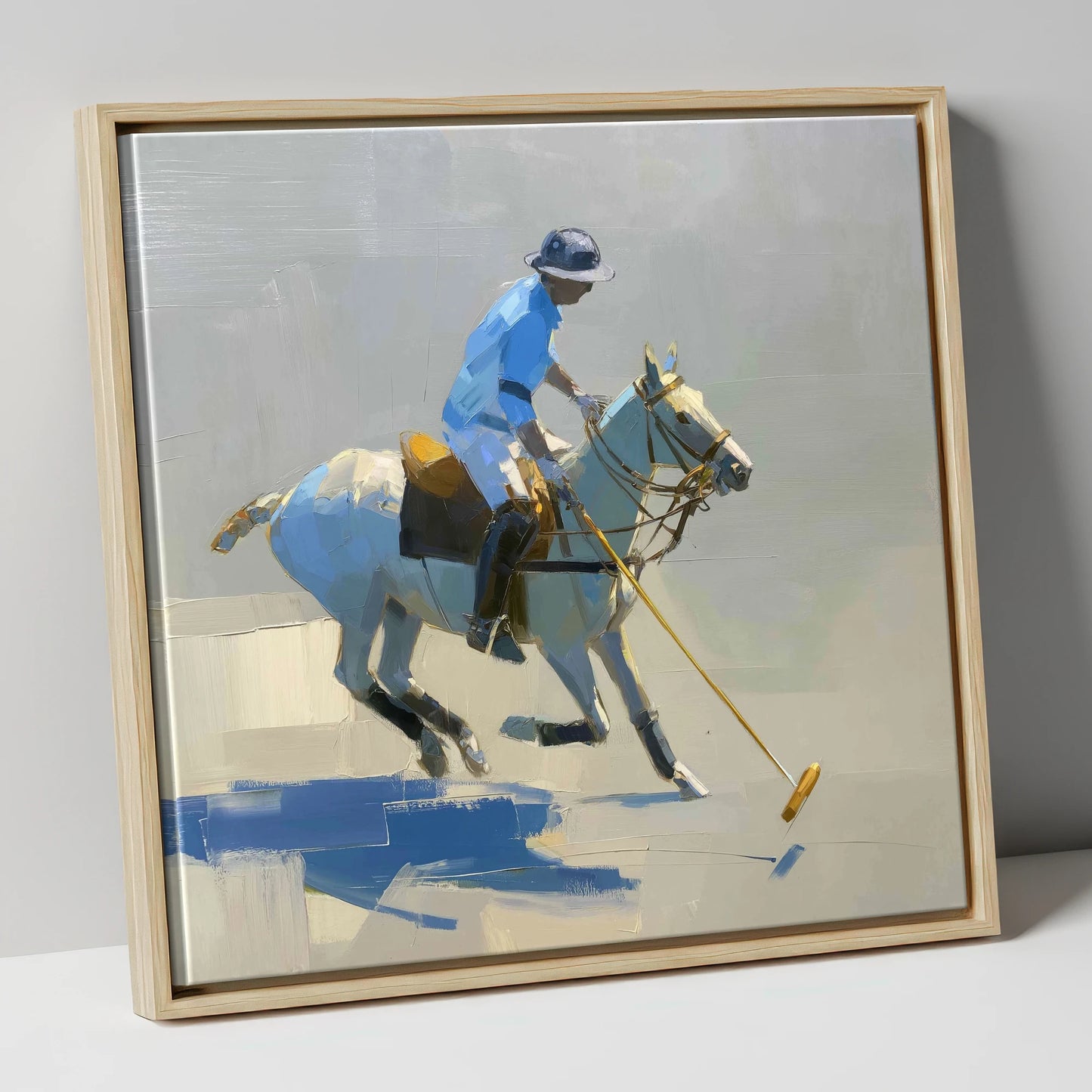 The Blue Chukka polo horse canvas wall art in natural frame