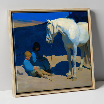 Azure and Ivory Bond horse & rider canvas wall art in natural frame