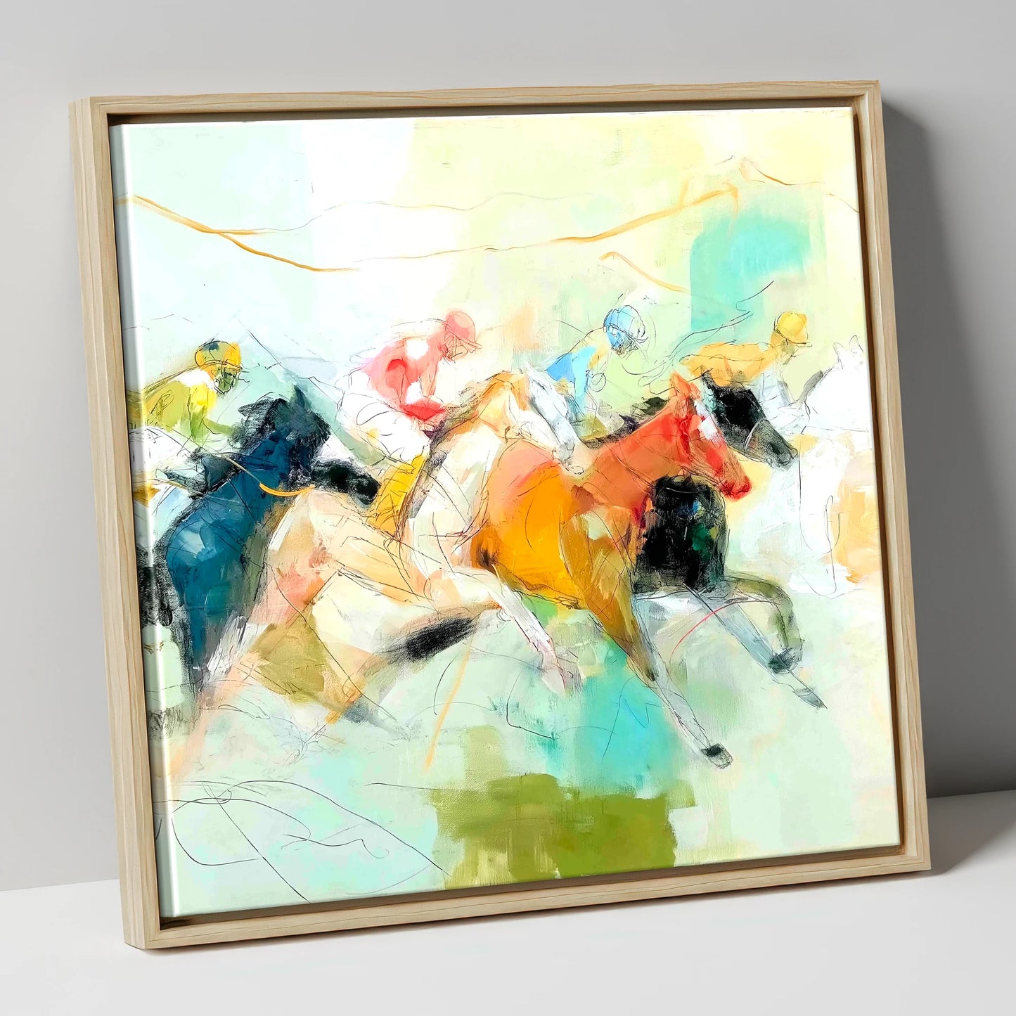 Rush to the Line racing horse canvas wall art in natural frame