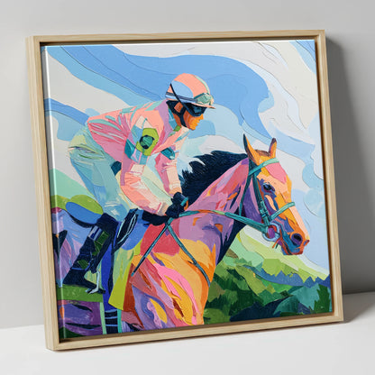 Technicolour Gallop racing horse canvas wall art in natural frame