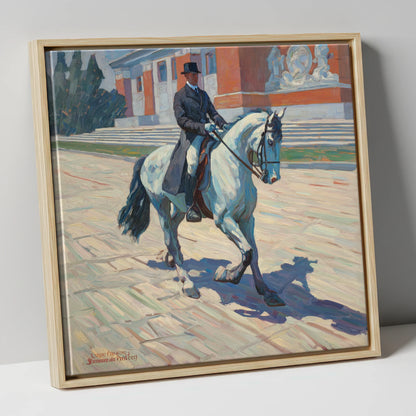 Sunlit Dressage Passage dressage horse canvas wall art in natural frame