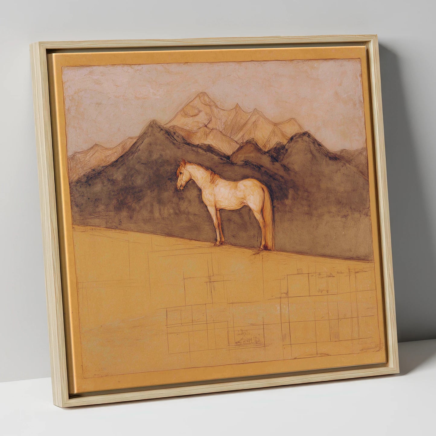 Mountain Sentinel horse landscape canvas wall art in natural frame