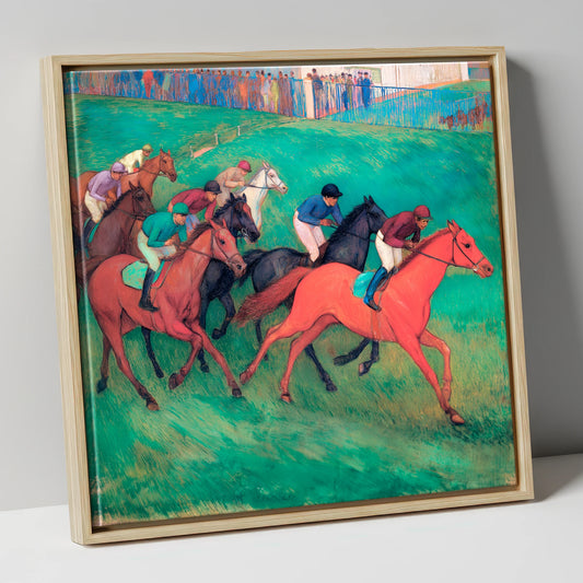 The Crimson Gallop racing horse canvas wall art in natural frame