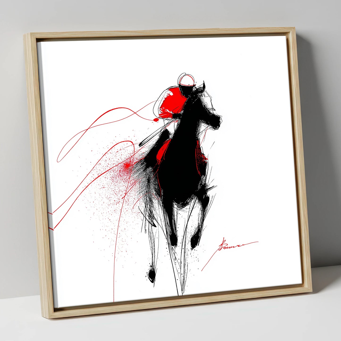 Crimson Gallop racing horse canvas wall art in natural frame