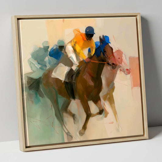 Breakaway Pace racing horse canvas wall art in natural frame