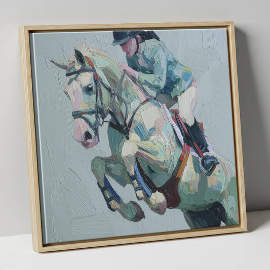 Pastel Flight Mid-Air show jumping horse canvas wall art in natural frame