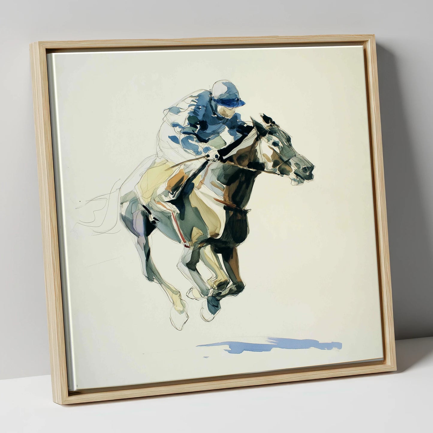 Cerulean Stride racing horse canvas wall art in natural frame