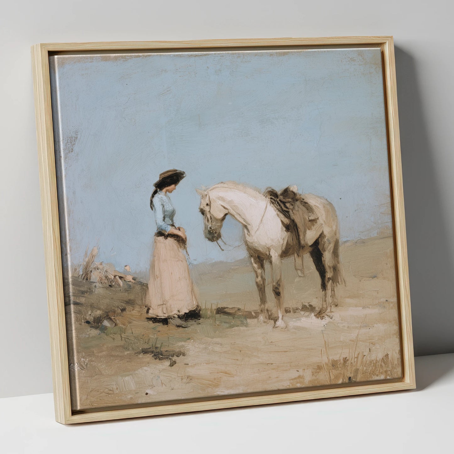 The Waiting Grey horse & rider canvas wall art in natural frame