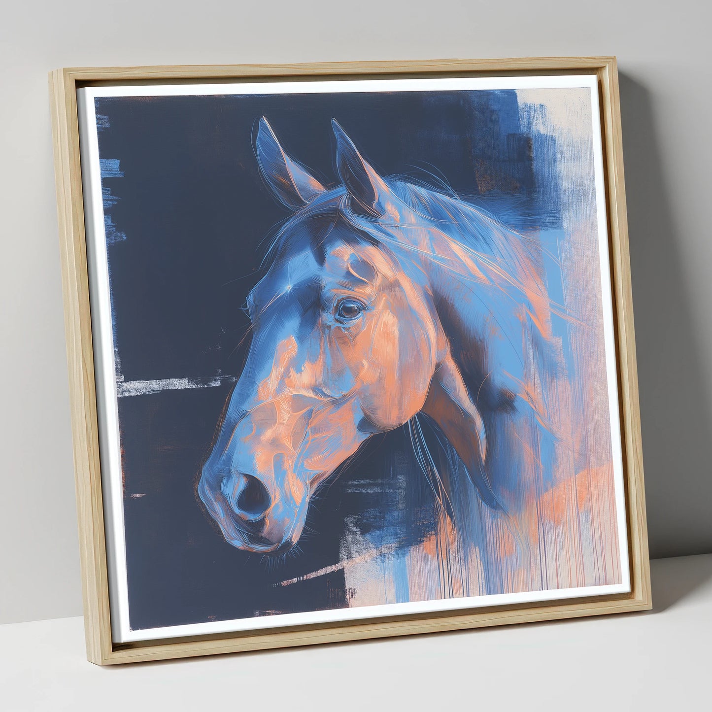 Cobalt and Copper Gaze horse portrait canvas wall art in natural frame