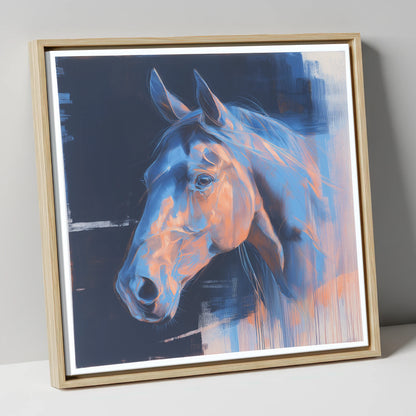 Cobalt and Copper Gaze horse portrait canvas wall art in natural frame