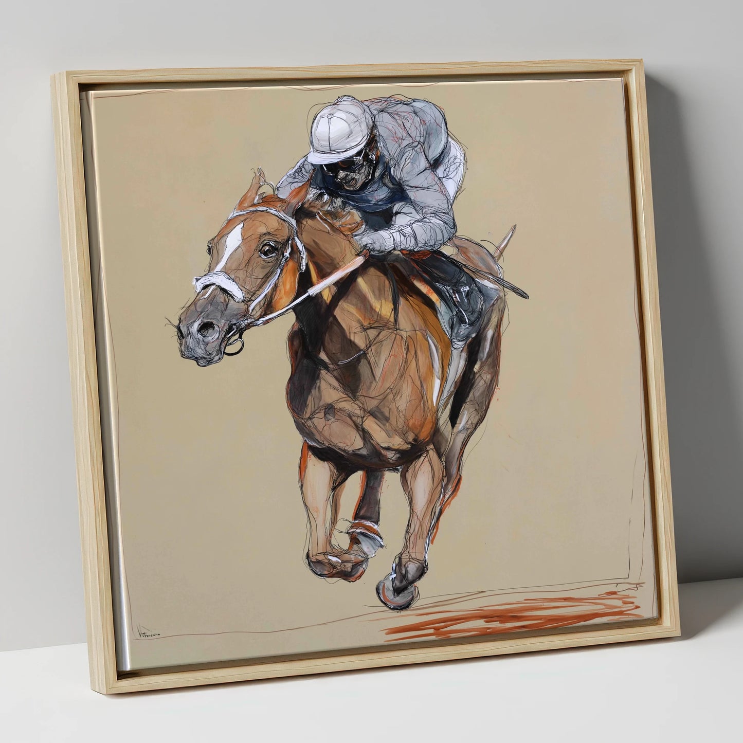 Driving Finish racing horse canvas wall art in natural frame