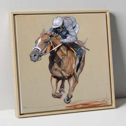 Driving Finish racing horse canvas wall art in natural frame