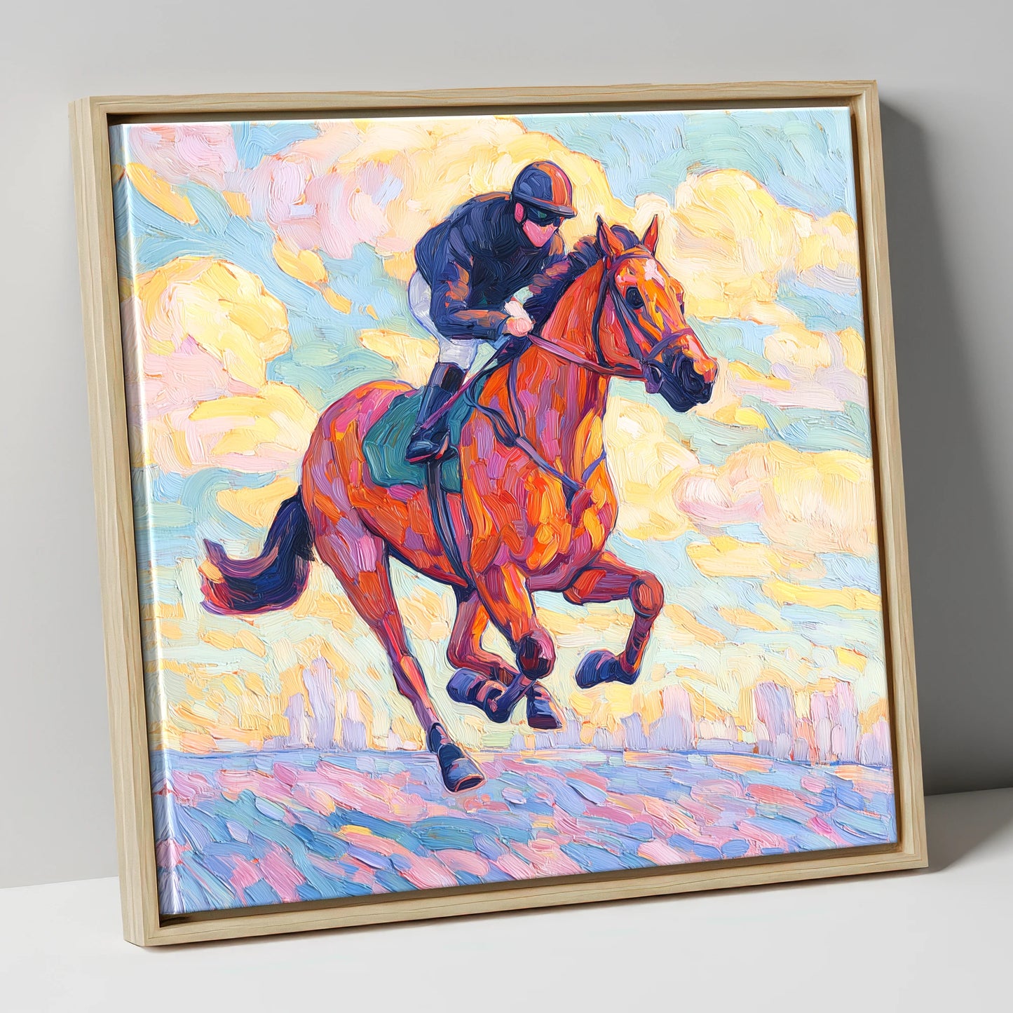 Technicolour Gallop racing horse canvas wall art in natural frame