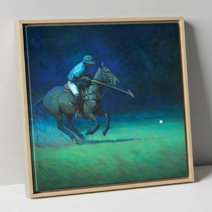 Midnight Chukka polo horse canvas wall art in natural frame