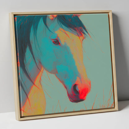 Neon Equine Gaze horse portrait canvas wall art in natural frame