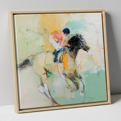 The Driving Finish racing horse canvas wall art in natural frame