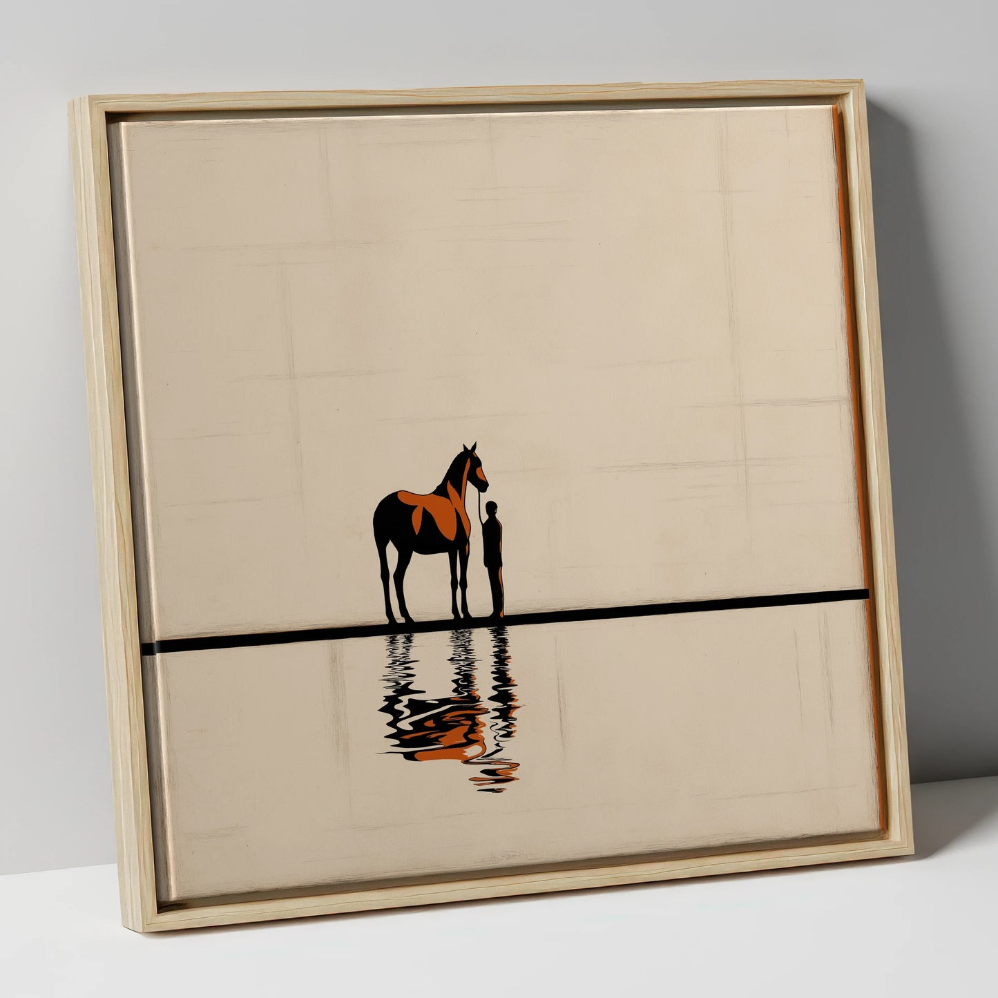 Reflected Bond horse & rider canvas wall art in natural frame