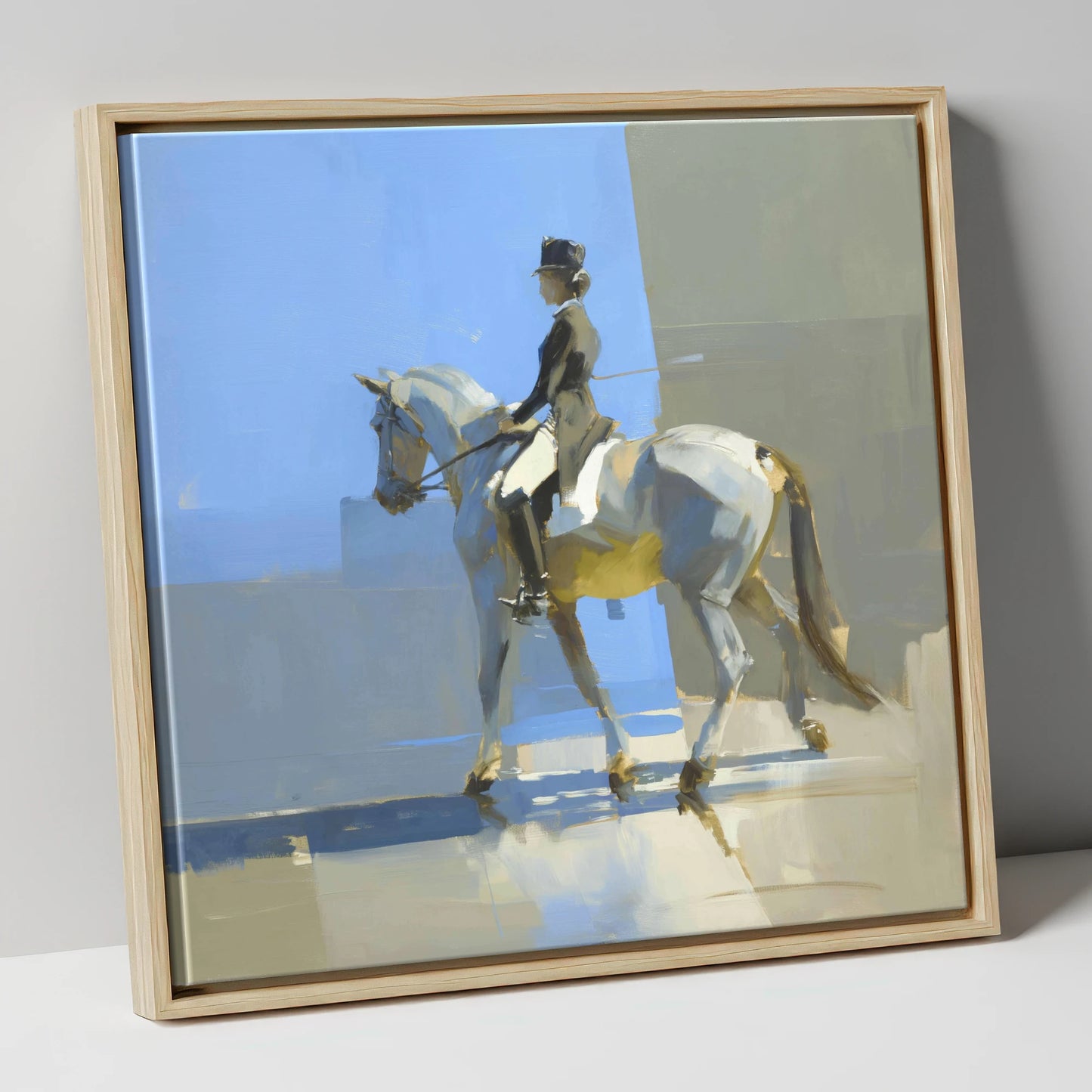 Collected in the Light dressage horse canvas wall art in natural frame