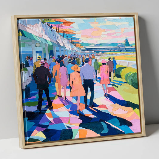 Vibrant Grandstand Parade racing horse canvas wall art in natural frame