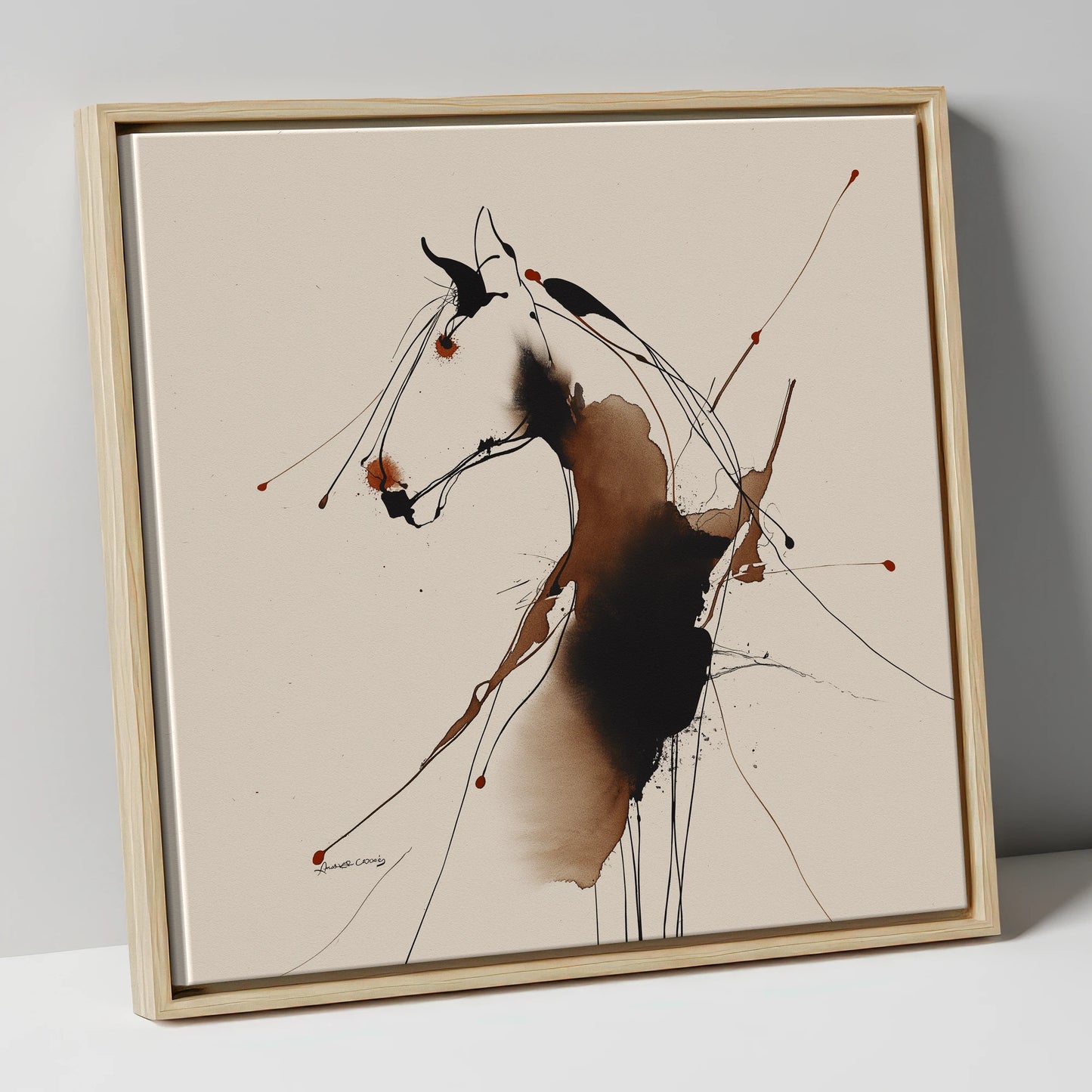 Fluid Equine Silhouette horse portrait canvas wall art in natural frame