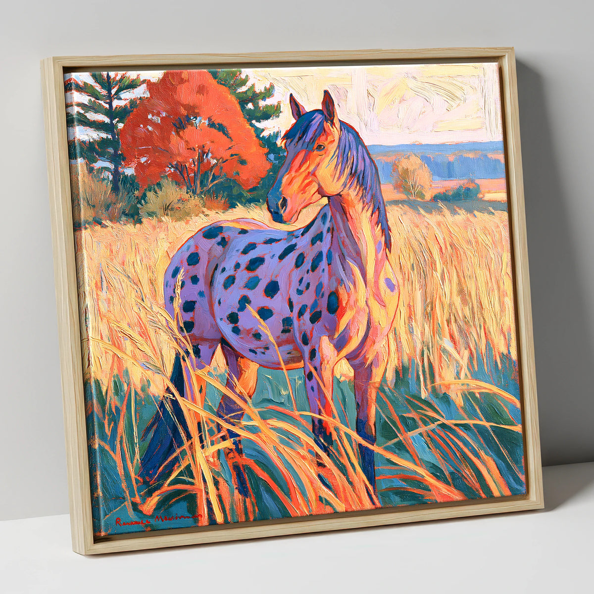 Spotted Appaloosa in Autumn Grass horse breed canvas wall art in natural frame
