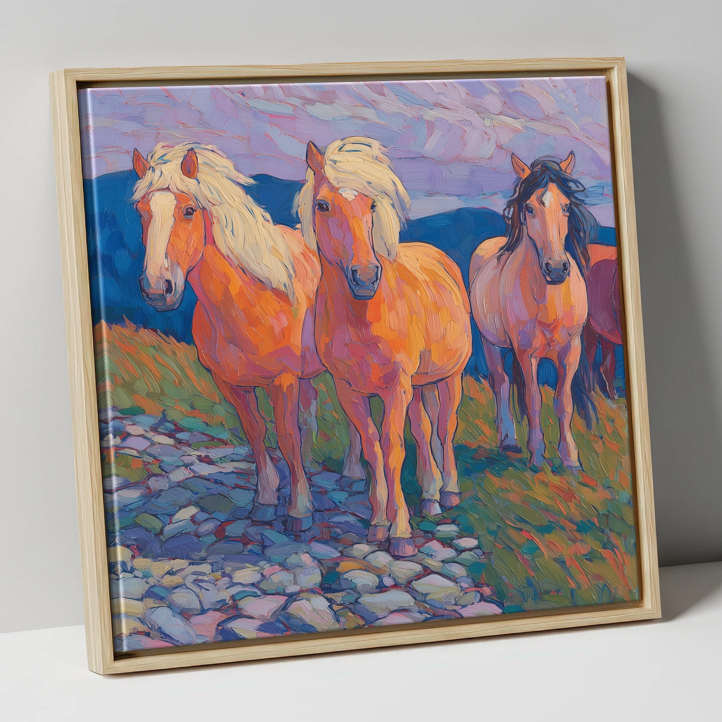 Painted Highland Herd horse landscape canvas wall art in natural frame
