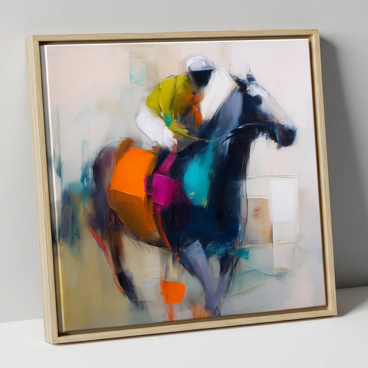 Dark Racehorse in Tangerine and Magenta racing horse canvas wall art in natural frame
