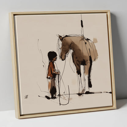 The Silent Bond horse & rider canvas wall art in natural frame