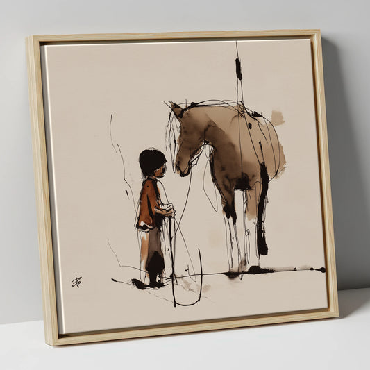 Sepia Horse and Child Sketch horse & rider canvas wall art in natural frame