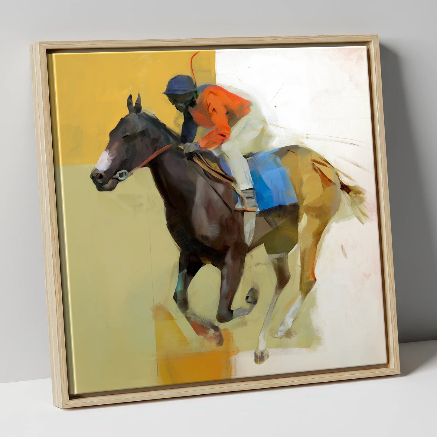 Full Stretch Momentum racing horse canvas wall art in natural frame