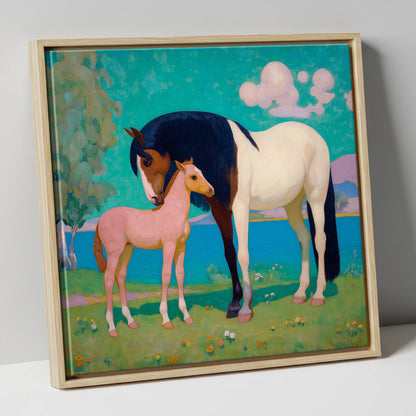 Dreamscape Mare and Foal mare & foal canvas wall art in natural frame